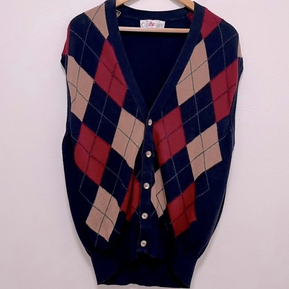 VINTAGE Clark & Gregory Argyle Cotton Navy Blue Red Tan Sweater Vest Size XL